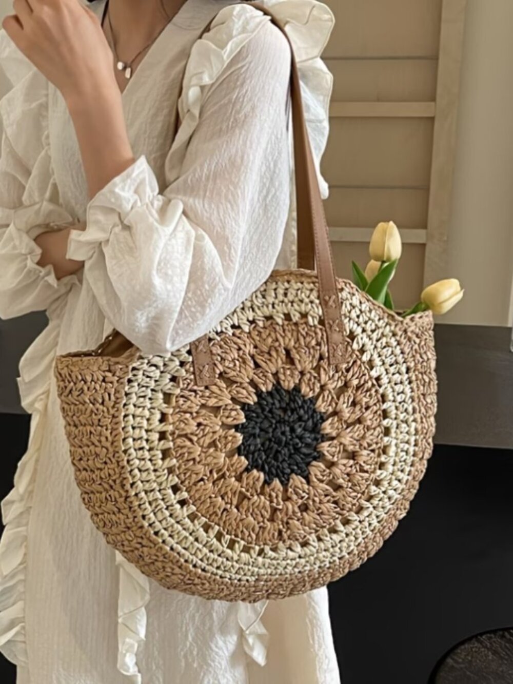Boho Crochet Raffia Straw Tote Shoulder Bag Tan Brown Round Granny Square Lined